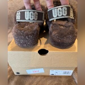 UGG Slippers Sz 11 brown with metallic sparkles EUC with Box